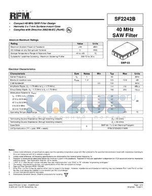 SF2242B datasheet - Compact 40 MHz SAW Filter Design