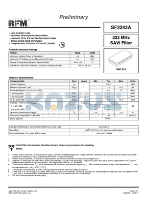 SF2243A datasheet - 233 MHz SAW Filter