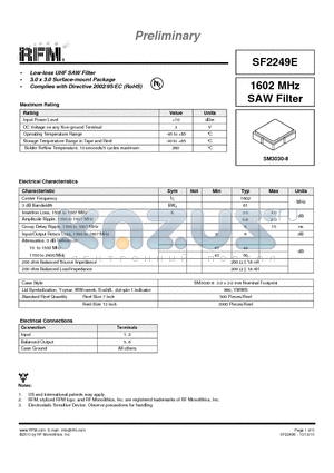 SF2249E datasheet - 1602 MHz SAW Filter