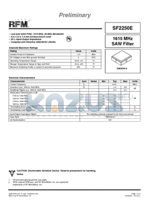 SF2250E datasheet - 1615 MHz SAW Filter