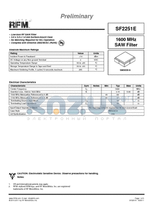 SF2251E datasheet - 1600 MHz SAW Filter