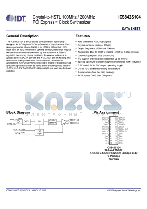 842S104CGLFT datasheet - Crystal-to-HSTL 100MHz / 200MHz PCI Express Clock Synthesizer