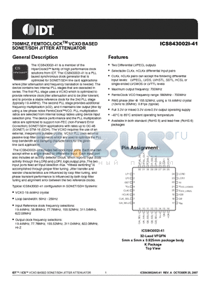 843002AKI-41LFT datasheet - 700MHZ, FEMTOCLOCKTM VCXO BASED SONET/SDH JITTER ATTENUATOR