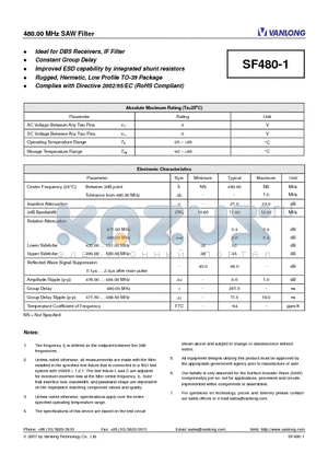 SF480-1 datasheet - 480.00 MHz SAW Filter