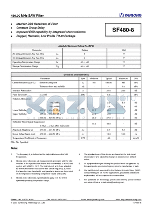 SF480-8 datasheet - 480.00 MHz SAW Filter