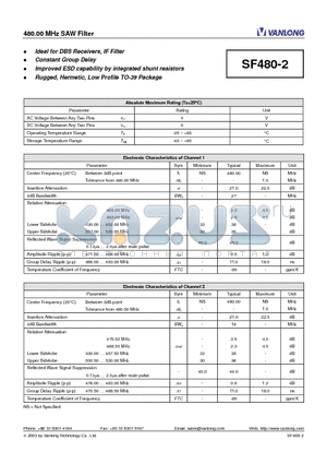 SF480-2 datasheet - 480.00 MHz SAW Filter