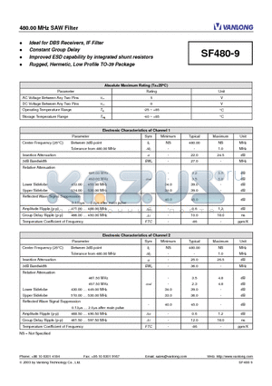 SF480-9 datasheet - 480.00 MHz SAW Filter