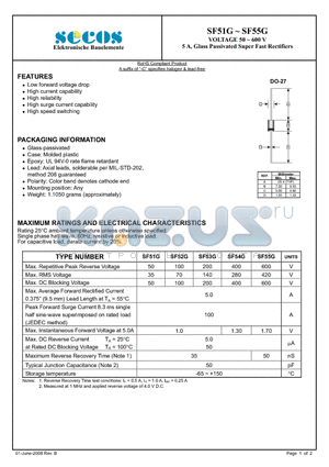 SF52G datasheet - 5 A, Glass Passivated Super Fast Rectifiers