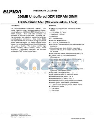 EBD25UC8AKFA-5B-E datasheet - 256MB Unbuffered DDR SDRAM DIMM (32M words X 64 bits, 1 Rank)