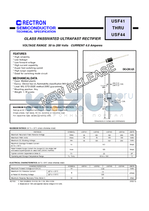 USF43 datasheet - GLASS PASSIVATED ULTRAFAST RECTIFIER VOLTAGE RANGE 50 to 200 Volts CURRENT 4.0 Amperes