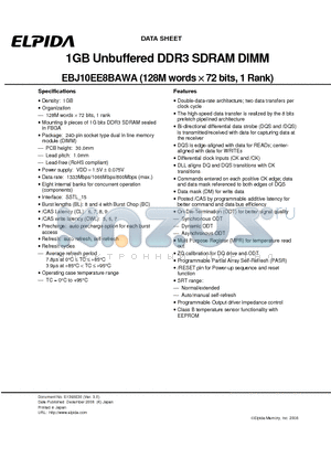 EBJ10EE8BAWA datasheet - 1GB Unbuffered DDR3 SDRAM DIMM