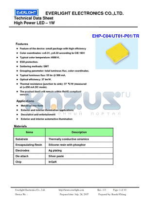 UT01-P01 datasheet - High Power LED - 1W