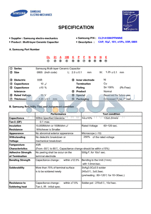 CL21A106KPFNNNE datasheet - Multi-layer Ceramic Capacitor