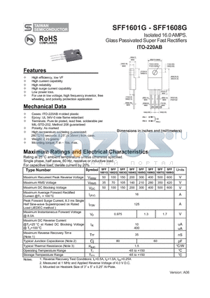 SFF1608G datasheet - Isolated 16.0 AMPS. Glass Passivated Super Fast Rectifiers