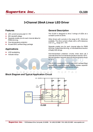 CL320 datasheet - 3-Channel 20mA Linear LED Driver