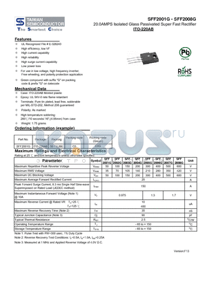 SFF2001G_13 datasheet - 20.0AMPS Isolated Glass Passivated Super Fast Rectifier
