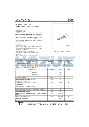 UTCMCR100 datasheet - PLASTIC SILICON CONTROLLED RECTIFIERS(PNPN devices designed for high volume)