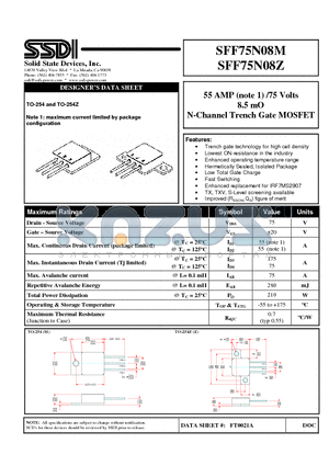 SFF75N08Z datasheet - 55 AMP (note 1) /75 Volts 8.5 mO N-Channel Trench Gate MOSFET