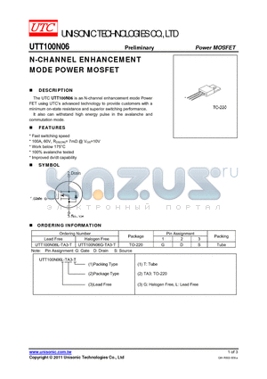 UTT100N06 datasheet - N-CHANNEL ENHANCEMENT MODE POWER MOSFET