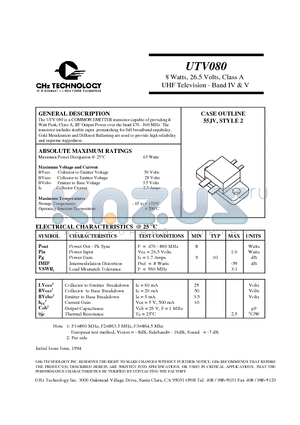 UTV080 datasheet - 8 Watts, 26.5 Volts, Class A UHF Television - Band IV & V