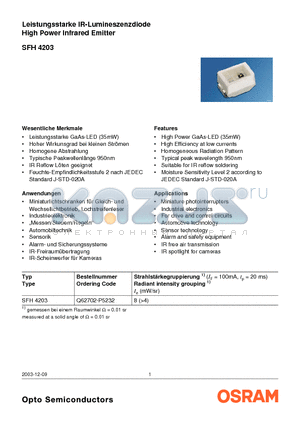 SFH4203 datasheet - Leistungsstarke IR-Lumineszenzdiode High Power Infrared Emitter