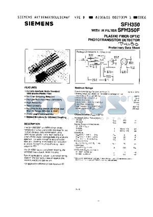 SFH350F datasheet - WITH IR FILTER PLASTIC FIBER OPTIC PHOTOTRANSISTOR DETECTOR