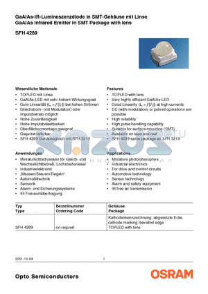 SFH4289 datasheet - GaAlAs-IR-Lumineszenzdiode in SMT-Geh^se mit Linse GaAlAs Infrared Emitter in SMT Package with lens