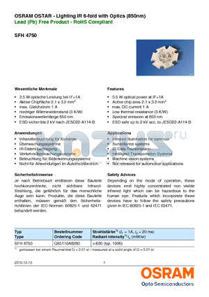 SFH4750 datasheet - OSRAM OSTAR - Lighting IR 6-fold with Optics (850nm)