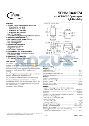 SFH610A datasheet - 5.3 kV TRIOS Optocoupler High Reliability