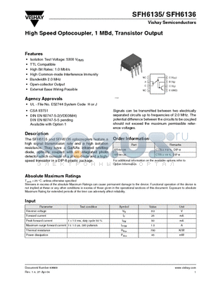 SFH6135 datasheet - High Speed Optocoupler, 1 MBd, Transistor Output