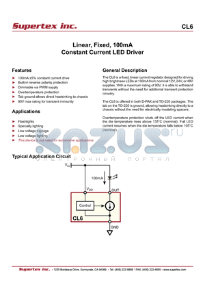CL6 datasheet - Linear, Fixed, 100mA Constant Current LED Driver