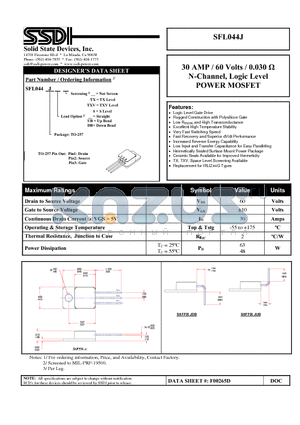 SFL044J datasheet - 30 AMP / 60 Volts / 0.030 Y N-Channel, Logic Level POWER MOSFET