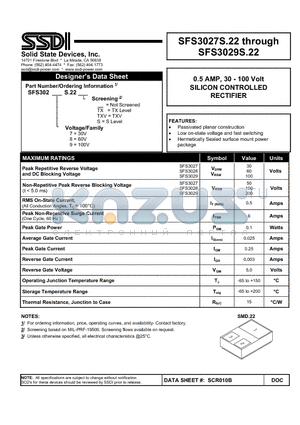 SFS3029 datasheet - 0.5 AMP, 30 - 100 Volt SILICON CONTROLLED RECTIFIER