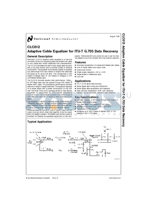 CLC012 datasheet - Adaptive Cable Equalizer for ITU-T G.703 Data Recovery