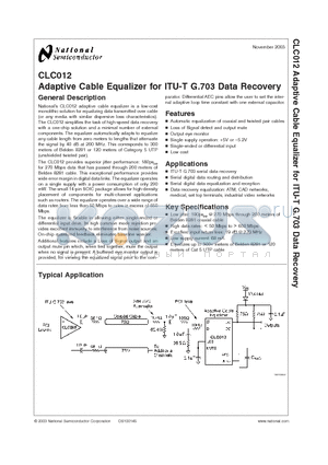 CLC012_03 datasheet - Adaptive Cable Equalizer for ITU-T G.703 Data Recovery