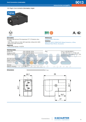 9013 datasheet - IEC Plug E, Cord Connector (Rewireable), Angled