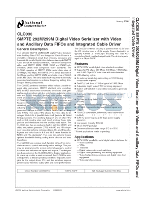 CLC030 datasheet - SMPTE 292M/259M Digital Video Serializer with Video and Ancillary Data FIFOs and Integrated Cable Driver