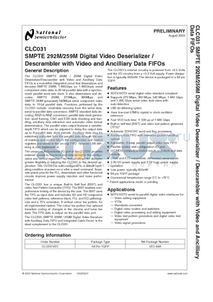 CLC031VEC datasheet - SMPTE 292M/259M Digital Video Deserializer / Descrambler with Video and Ancilliary Data FIFOs