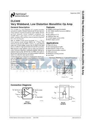 CLC409 datasheet - Very Wideband, Low Distortion Monolithic Op Amp