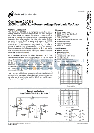 CLC436 datasheet - 200MHz, a15V, Low-Power Voltage Feedback Op Amp