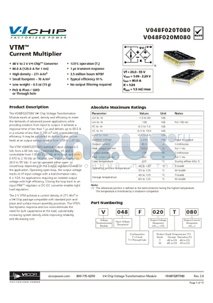 V048F020T080 datasheet - VTM Current Multiplier