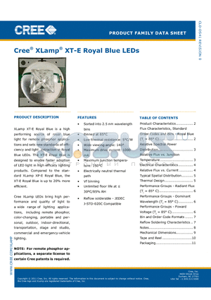 CLD-DS41 datasheet - Cree^ XLamp^ XT-E Royal Blue LEDs