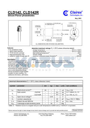 CLD142 datasheet - Silicon Planar photodiodes