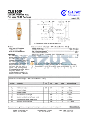 CLE100F datasheet - Gallium Arsenide IRED Flat Lead PLCC Package