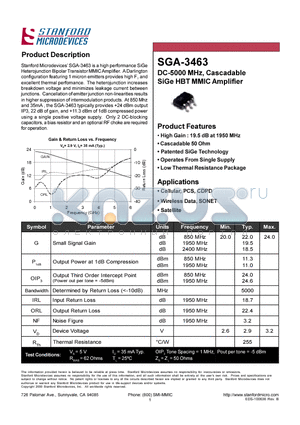 SGA-3463 datasheet - DC-5000 MHZ CASCADABLE SIGE HBT MMIC AMPLIFIER