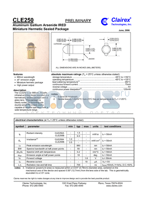 CLE250 datasheet - Aluminum Gallium Arsenide IRED Miniature Hermetic Sealed Package