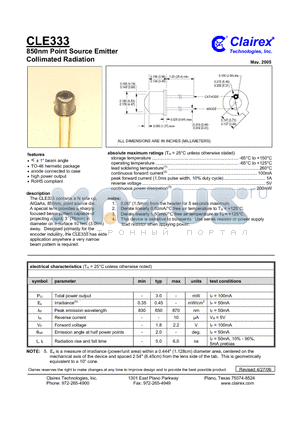 CLE333 datasheet - 850nm Point Source Emitter Collimated Radiation