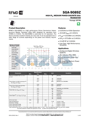 SGA-9089Z datasheet - HIGH IP3, MEDIUM POWER DISCRETE SiGe TRANSISTOR