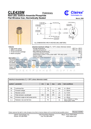 CLE435W datasheet - Red LED, Gallium Arsenide Phosphide Flat Window Can, Hermetically Sealed