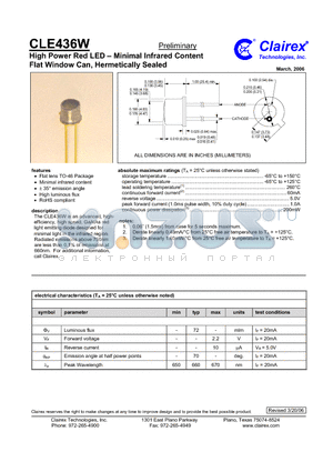 CLE436W datasheet - High Power Red LED - Minimal Infrared Content Flat Window Can, Hermetically Sealed